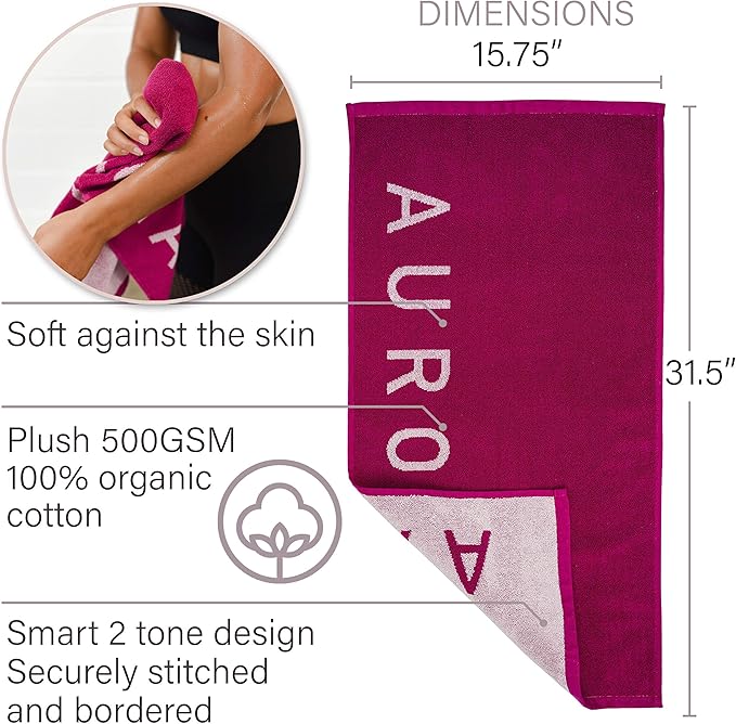 Fuchsia Hot Pink Gym and Yoga Towel for Women - 100% Silver Infused Organic Cotton Pilates Towel, 500 GSM, 31.5"x15.75" - Soft Absorbent Sweat Towels for Workouts Without the Smell