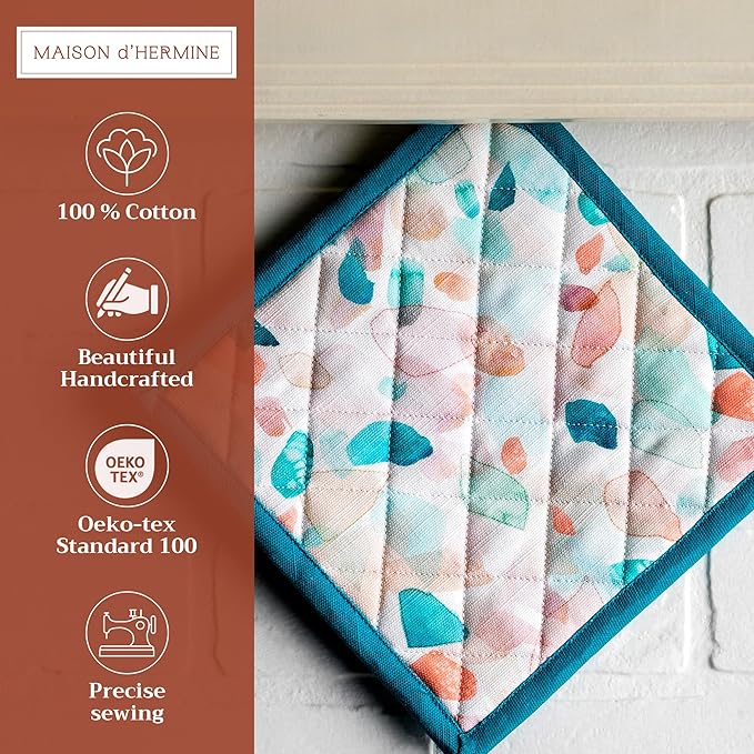 Maison d' Hermine Pot Holders 100% Cotton Heat Resistant Potholders 8" x 8" Hot Pads with Loop BBQ Cooking Baking Gifts for Mothers Day Handling Hot Pans Spring/Summer (Pack of 2, Summer Picnic)