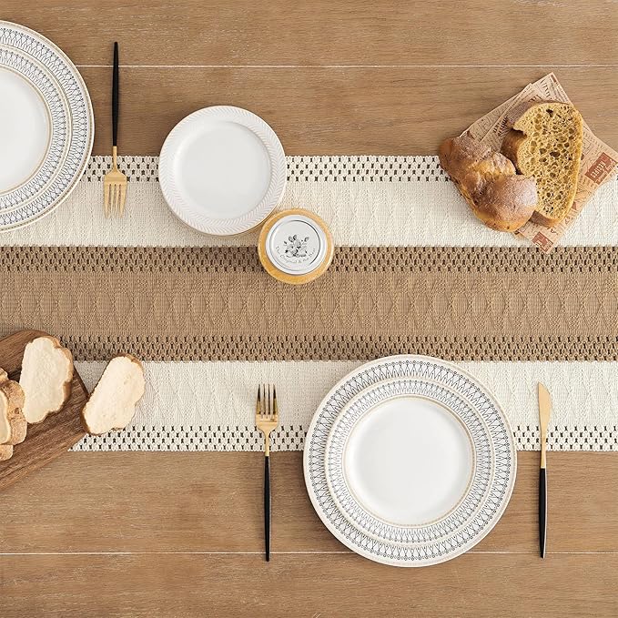 ZeeMart Macrame Style Bicolor Stitching Table Runner, 14 x 108 Inch Brown/Ivory, Boho Neutral Table Runners 108 Inches Long, Farmhouse Woven Home Decor