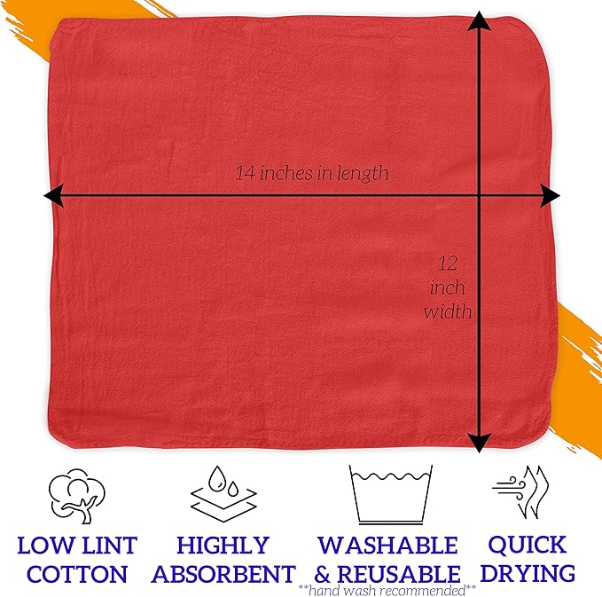 GREEN LIFESTYLE Shop Towels 12" x 14" 600 Pack - Red Cotton Shop Towels, Cleaning Rags Bulk, Reusable Shop Rags, Absorbent Terry Cloth Cleaning Towels for Garage, Industrial and Housekeeping Use