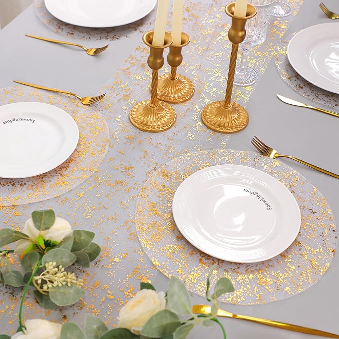 Snowkingdom 2 Pcs Gold Table Runner Roll, Sheer Gauze Chiffon Tulle Fabric Sequin Glitter Metallic Foil, Gold Golden Table Decorations for Home Wedding Birthday Party Anniversary Christmas