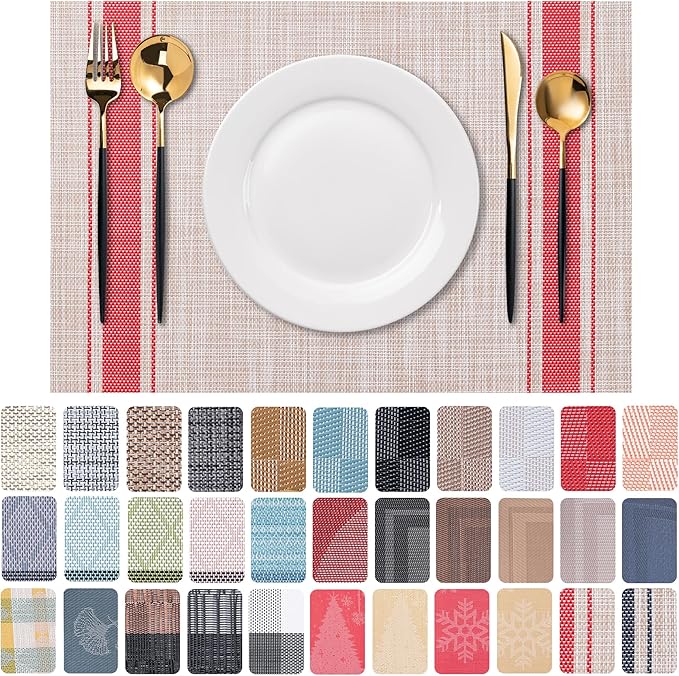 CADONO Placemats Set of 6 Washable Indoor/Outdoor Vinyl Place Mats for Dining Table Durable Non-Slip Heat Resistant PVC Weave Table Mats（Stripes-Red）