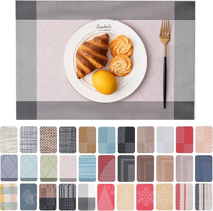 CADONO Placemats Set of 6 Washable Indoor/Outdoor Vinyl Place Mats for Dining Table Durable Non-Slip Heat Resistant PVC Weave Table Mats（Rhombus-Pink）