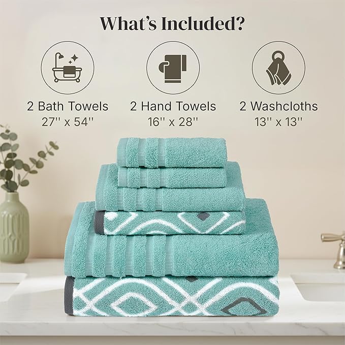 Modern Threads Classic Diamond 6-Piece 100% Cotton Towel Set – Yarn Dyed Jacquard – Includes 2 Bath Towels, 2 Hand Towels, 2 Washcloths – Absorbent, Quick Dry, Soft & Durable – Aqua
