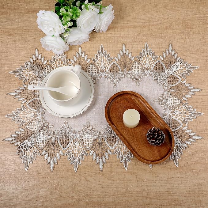 Natural Linen Placemats, 2 Pcs 17.7 × 12 Inch Large Rectangle Doilies for Tables Neutral Earth Tones Beige Table Topper Vintage Rustic Lace Doilies for Home Kitchen Dining Coffee Table Dresser