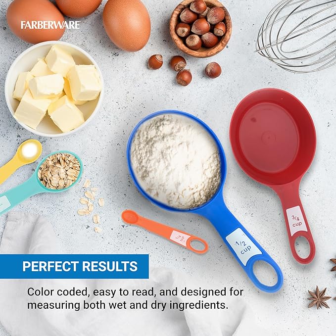 Farberware 12-Piece Measuring Cup and Spoon Set – Color-Coded Kitchen Measuring Tools with Easy-Read Markings, Nesting Design for Compact Storage, Dishwasher Safe