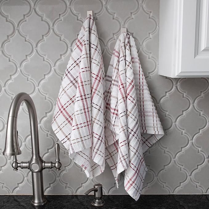 Ritz Royale Collection 100% Combed Terry Cotton, Highly Absorbent, Oversized Checked Kitchen Towel Set, 28" x 18", 2-Pack, Mocha Brown