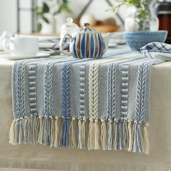 DII Farmhouse Braided Stripe Table Runner Collection, 15x72 (15x77, Fringe Included), Stonewash Blue