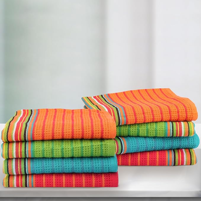 THREAD SPREAD Kitchen Dish Towels, 100% Cotton Salsa Towels, Set of 8 (16x28 Inches), Multi Purpose Cooking Drying Restaurant Bar Cleaning Cloth Napkin, Highly Absorbent, Lint Free (Red & Orange)