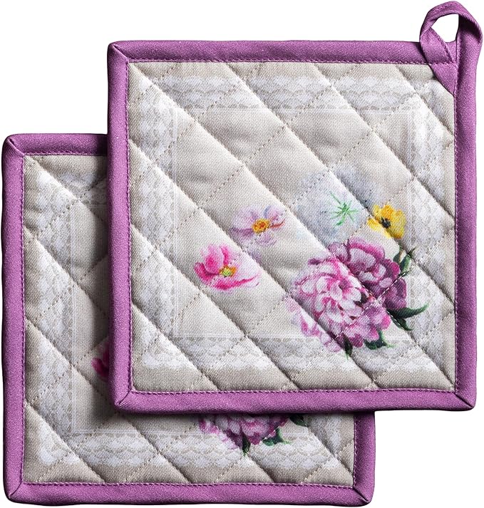 Maison d' Hermine Pot Holders 100% Cotton Heat Resistant Potholders 8" x 8" Hot Pads with Loop BBQ Cooking Baking Gifts for Mothers Day Handling Hot Pans Spring/Summer (Pack of 2, Pivoine)