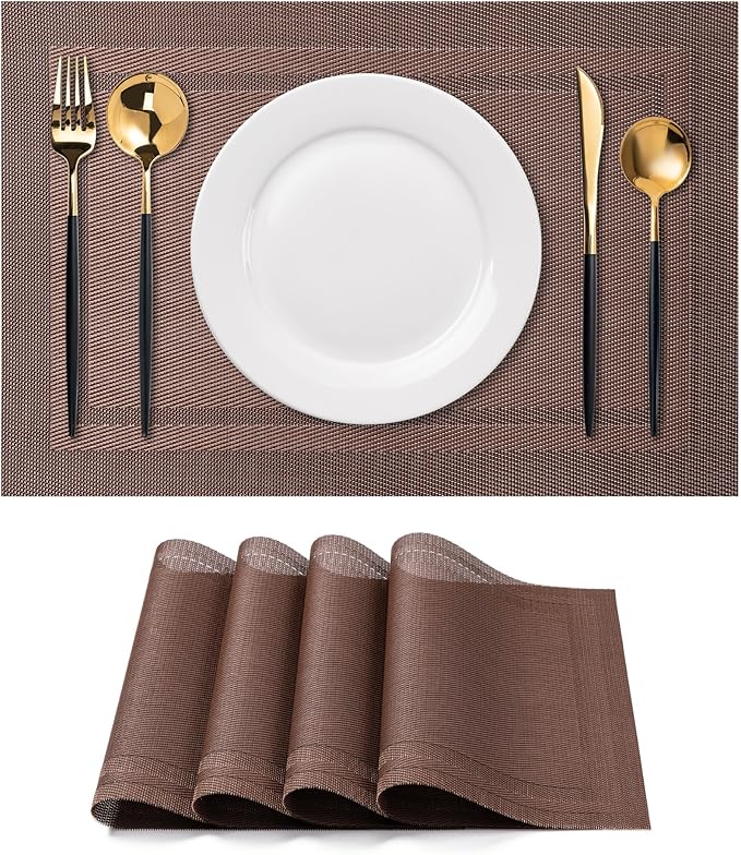 CADONO Placemats Set of 4 Washable Indoor/Outdoor Vinyl Place Mats for Dining Table Durable Non-Slip Heat Resistant PVC Weave Table Mats（Simple Style-Coffee-Colored）