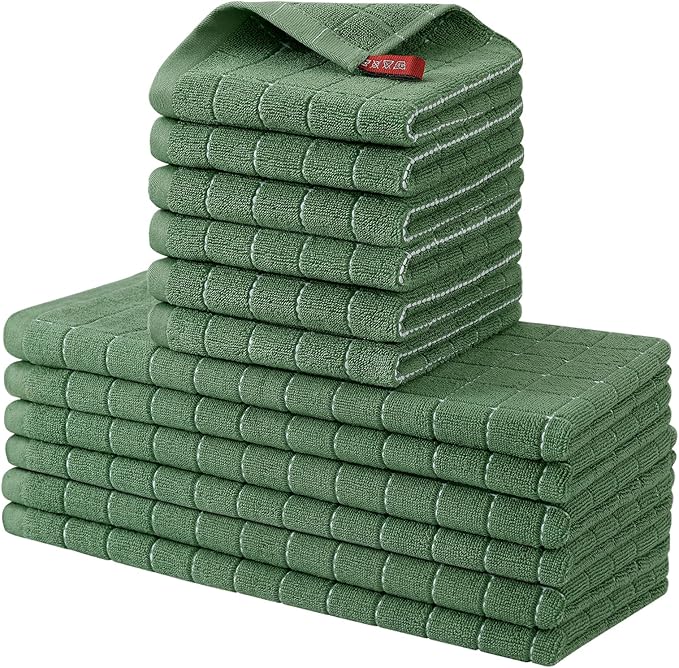 Homaxy Kitchen Towels and Dishcloths Set, 12 x 12 and 13 x 28 Inches, Set of 12 Bulk Cotton Terry Kitchen Towels Set, Checkered Designed, Soft and Super Absorbent Dish Towels, Grass Green