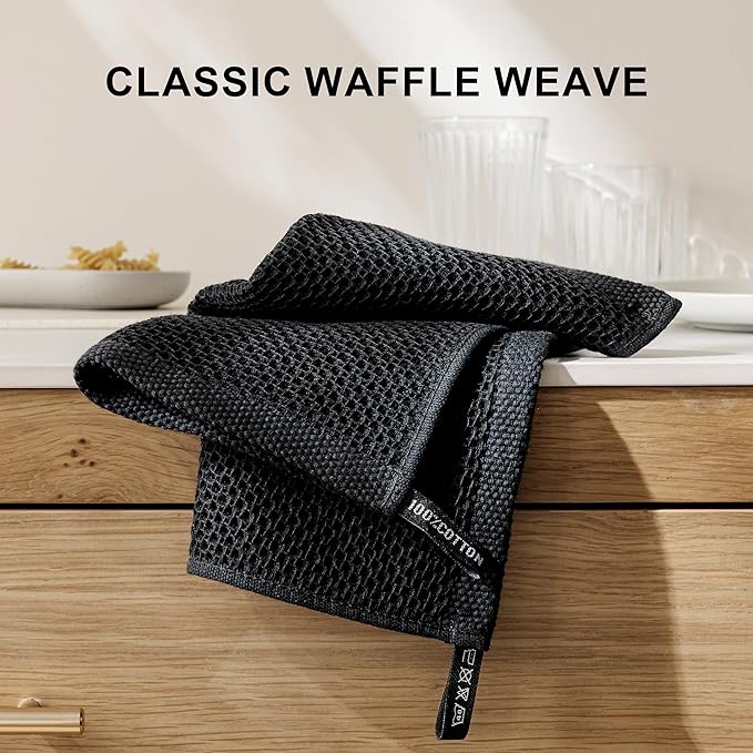 joybest Cotton Kitchen Dish Cloths, 8 Pack Waffle Weave Black Washcloths Ultra Soft Absorbent Dish Towels Quick Drying Dish Rags, 12x12 Inches