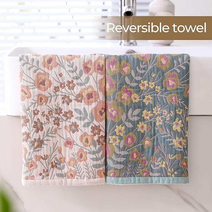 Kitchen Dish Towels for Drying 100% Cotton Set of 4, Ultra Absorbent Quick Drying Thick Reusable Cleaning Decorative Tea Towels with Hanging Loop,Reversible Boho Pretty Hand Towels,Floral