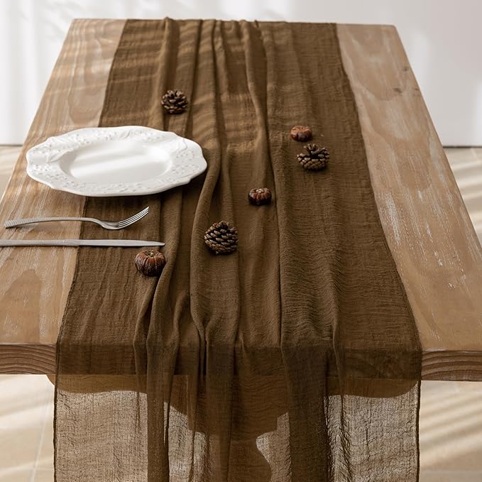 Keketoarrange 6pcs Coffee Gauze Rustic Cheesecloth Table Runner 120 Inch 10 FT for Wedding Baby Shower Bridal Shower Birthday Engagement Garden Outdoor Party Long Sheer Boho Decorations