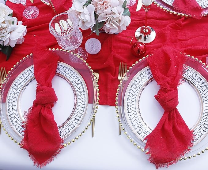 Cloth Napkins with Fringe Set of 12,100% Soft Cotton, Gauze Washable Napkins for Wedding Decorative,Valentine's Day, Dinner Parties,(16''*16'') Red