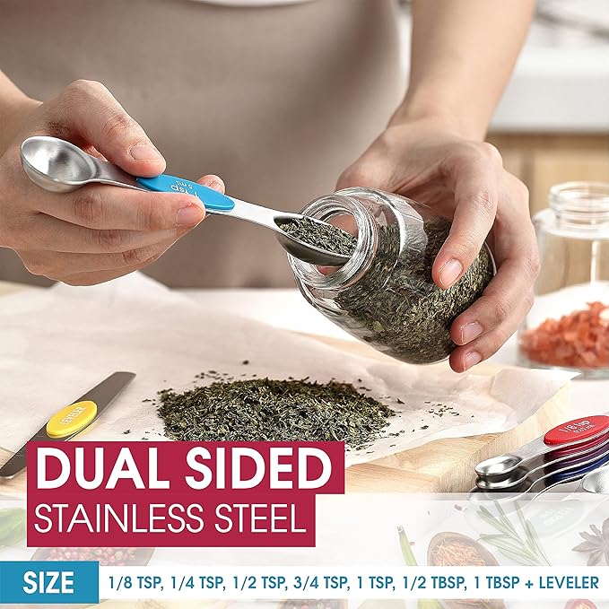 Spring Chef Stainless Steel Magnetic Measuring Spoons Set with Strong Magnets, Heavy Duty Metal Kitchen Essentials - Fits in Most Kitchen Spice Jars, Multicolor, Set of 8 with Leveler