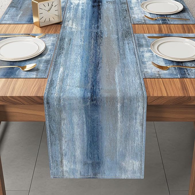 Blue and Gray Table Runner and Placemats Set of 6 Farmhouse Washable Linen Place Mats Rustic Abstract Art Table Decor for Kitchen Dining Coffee Outdoor Party (Blue and Gray, 13"x71"+12"x18")
