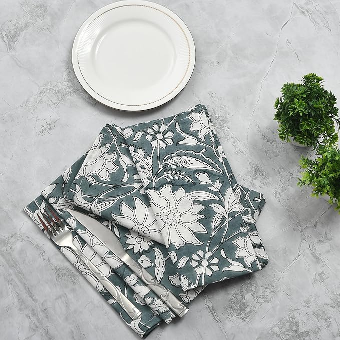 CPC Cloth Napkins Set of 4 Cotton Printed Dinner Hand Print Napkins I Wedding Cocktail Cloth Floral Napkins I 18x18 in I Gray Flower
