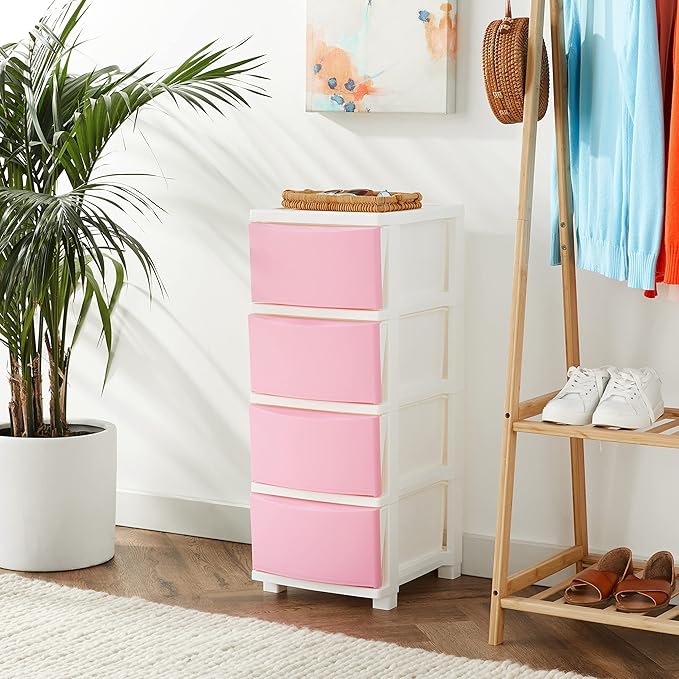 IRIS USA Plastic Drawer Storage Organizer, 4-Drawers, for Classroom Art Supplies Bathroom Dorm Bedroom Laundry Room, Slim Narrow, White Frame with Matte Pink Front Panels