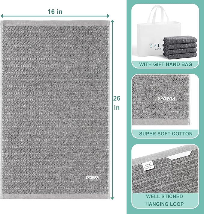 SALAS Kitchen Dish Towels, Bulk Cotton Kitchen Hand Towels, 390 GMS Plaid Dish Cloths Rags for Drying Dishes with Hanging Loop, 16‘’ x 26‘’, 4 Packs, Grey