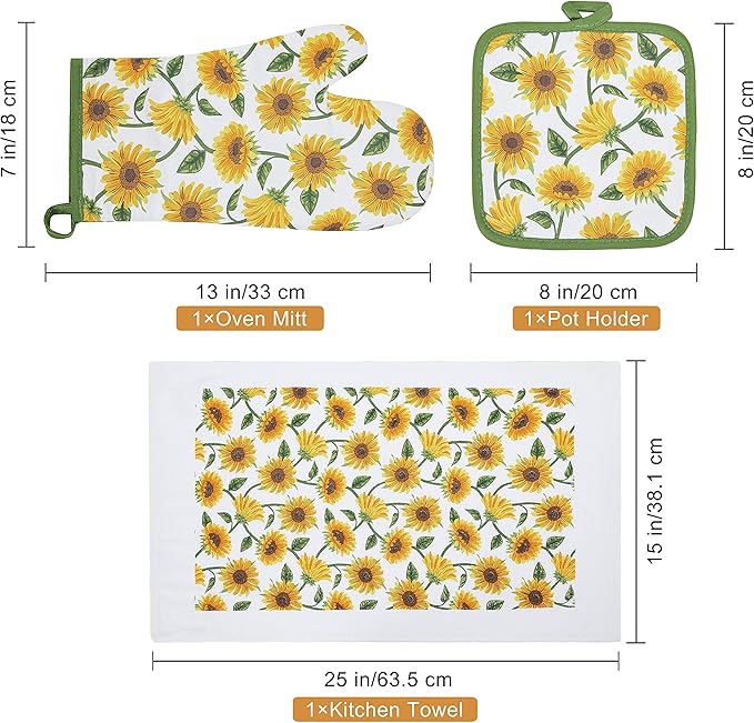 Oven Mitts and Potholders Dish Towles Set 100% Cotton for Perfect for Gifting, Baking, and Everyday Cooking Durable Heat Resistant for Kitchen and Machine Washable (3-Piece Sunflower)
