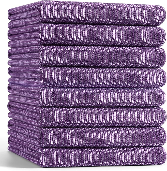 Mordimy Premium Kitchen Towels 8 Pack (18 x 28 Inches, Purple), Large Cotton Kitchen Hand Towel, Flat & Terry Dish Towels for Drying Dishes, Super Absorbent Tea Dishtowels Set with Hanging Loop