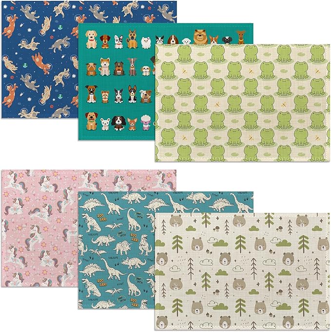 Cat Dog Dinosaur Frog Bear Placemats,Cute Cartoon Patterns Table Mats Set of 6,12x18 Inch,Waterproof Oil-Proof Washable and Reusable Linen placemats Holiday Party Kitchen Table Decorations