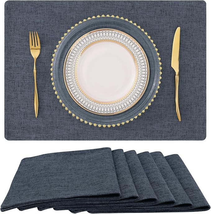homing Cotton Linen Placemats Set of 6, Cloth Washable Farmhouse Dining Table Mats for Indoors & Outdoors, Easy to Clean, Charcoal, 13 x 19 Inch