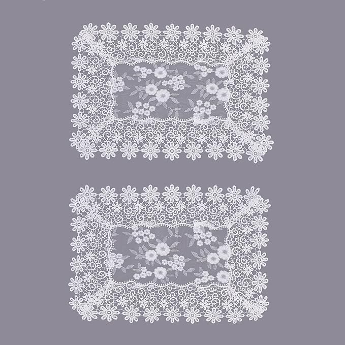 White Floral Grey Silver Leaves Lace Placemats 14”x20” Set of 2, Table Topper Dresser Scarf Place Mats (Set of 2, White & Grey)