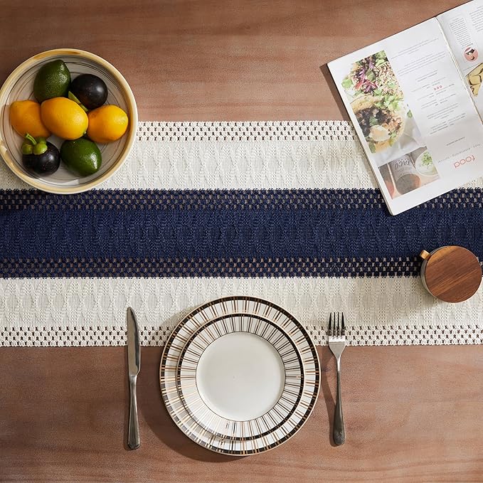 ZeeMart Macrame Style Bicolor Stitching Table Runner, 14 x 48 Inch Navy Blue/Ivory, Boho Navy Table Runners 48 Inches Long, Farmhouse Woven Home Decor