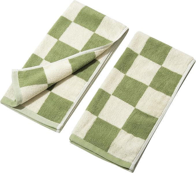 Madi-Cadi 100% Cotton Checkerboard Towels Set of 2, Farmhouse Kitchen & Guest Bathroom Towels, 13 x 29 Inches, Highly Absorbent Lint-Free Dish & Hand Towels with Double-Stitched Hems(Green)