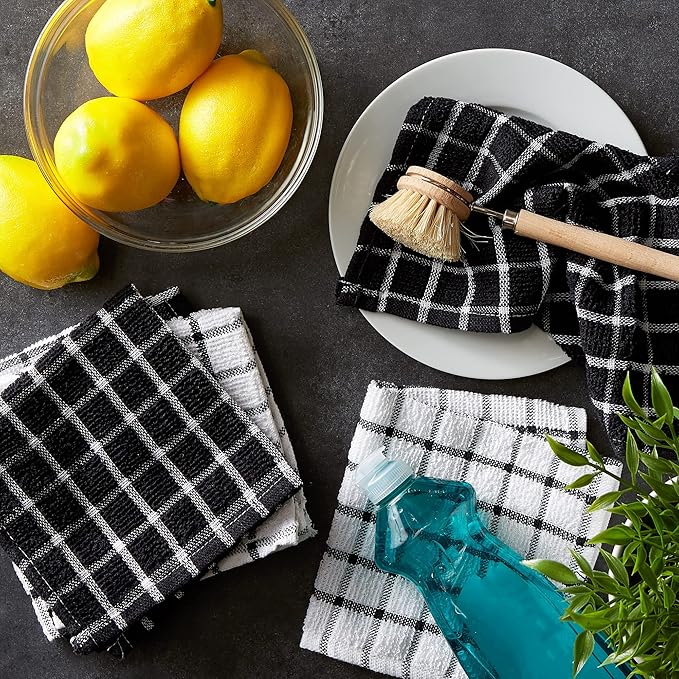 DII Basic Terry Collection Windowpane Dishcloth Set, 12x12, Black, 6 Piece