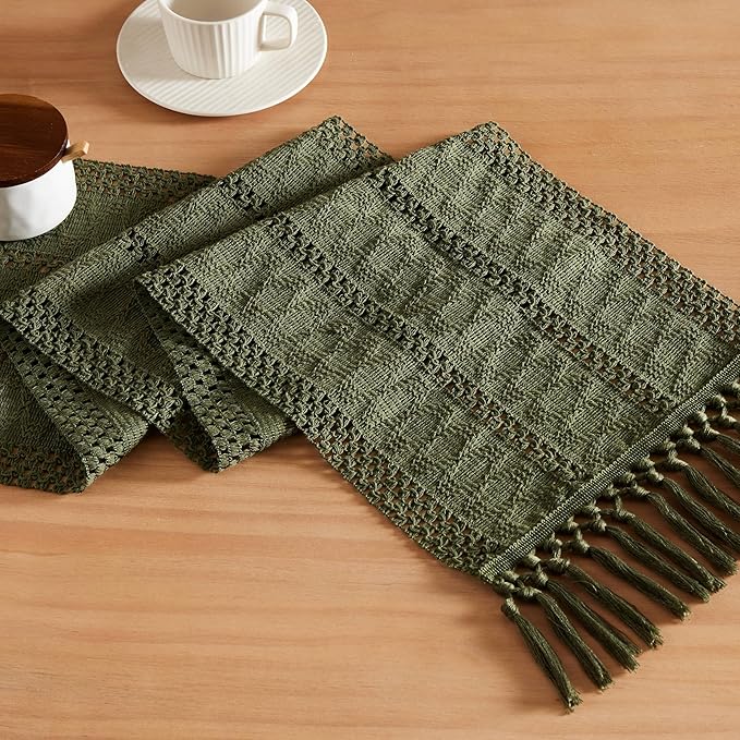 ZeeMart Macrame Style Boho Table Runner, Olive Green Table Runners 108 Inches Long, Farmhouse Woven Home Decor, 12x108 Inch, Olive