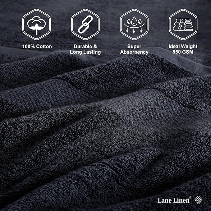 LANE LINEN Bath Towels 4 Pack (28"x54") - 100% Ring Spun Cotton Large Towel Set for Bathroom - Durable, Quick Drying, Soft & Absorbent Large Bath Towel Set - Perfect for Regular use - Black Towels