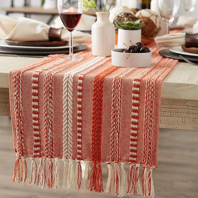 DII Farmhouse Braided Stripe Table Runner Collection, 15x108 (15x113, Fringe Included), Vintage Red