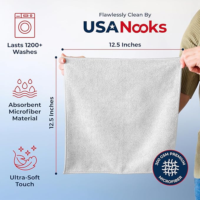 USANOOKS Microfiber Cleaning Cloth - White - 8Pcs (12.5x12.5 inch) High Performance - 1200 Washes, Ultra Absorbent Car Towel Traps Grime & Liquid for Streak-Free Mirror Shine - Car Washing Cloth