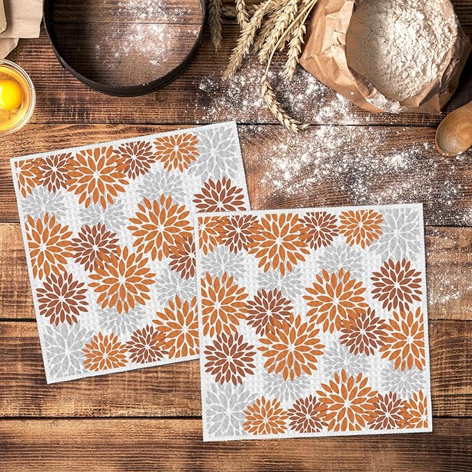 Artoid Mode Orange Dahlia Floral Kitchen Dish Cloths, 12x12 Inch Quick Dry Microfiber Dishcloths for Kitchen Premium Dish Rags Set of 2