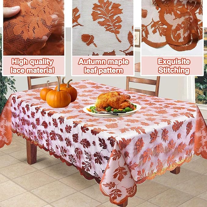 Thanksgiving Tablecloth Maples Leaves Brown Rectangle Lace Table Cover Thanksgiving Decorations Fall Table Linen Perfect for Harvest Festival Party Dinner Tables Toppers Everyday Use