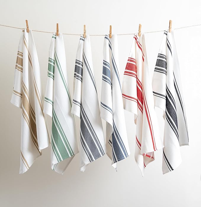 Kitchen Towels Set – Pack of 3 (20’’ x 30’’) Extra Large Premium Cotton Dish Towels for Kitchen – Super Striped Towels – Absorbent – 100% Cotton – with Hanging Loop – Olive