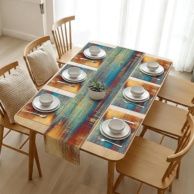 Blue and Orange Table Runner and Placemats Set of 6 Farmhouse Washable Linen Place Mats Rustic Abstract Art Table Decor for Kitchen Dining Coffee Outdoor Party (Orange and Blue, 13"x71"+12"x18")