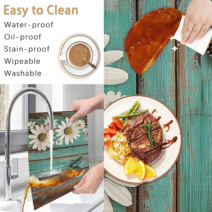 Placemats Set of 6,White Daisy Table Mats, Vintage Wood Washable Linen Table Mats,Non-Slip Heat Resistant Placemats for Party Kitchen Dining Indoor Outdoor 12"x18"