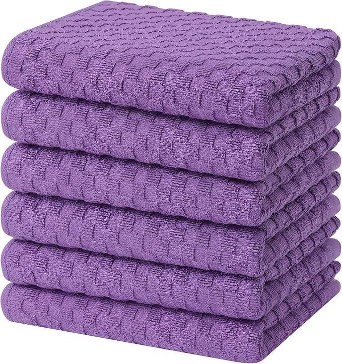 Homaxy 100% Cotton Terry Kitchen Towels(15" x 25", 6 Pack), Soft and Super Absorbent Dish Towels, 380 GSM Reusable Tea Towel with Hanging Loop, Pineapple Grid Designed, Purple