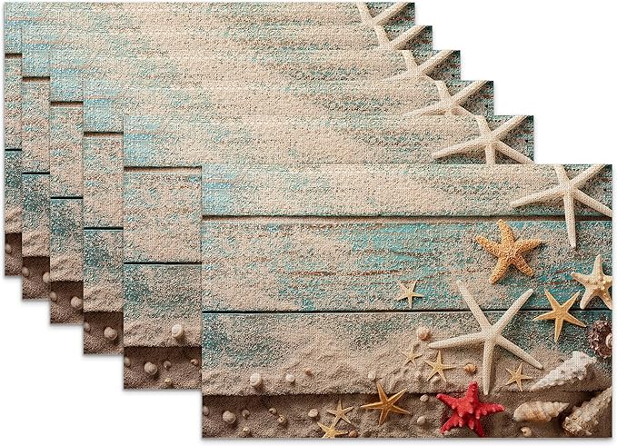 Beach Seashell Starfish Placemats Set of 6,Blue Wooden Heat Resistant Table Mats Washable Place Mats for Party Kitchen Farmhouse Home Dining Holiday Decor 12x18 Inch