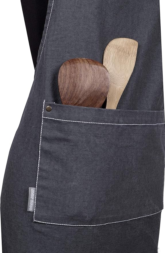 AMOUR INFINI Cotton Solid Aprons for Women with Pocket, Adjustable Strap and Waist Ties Washed Chef Aprons for Cooking, Baking and Gardening (27.5 x 33 Inches - Gray)