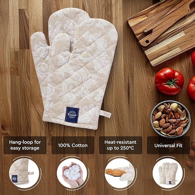 Encasa XO Oven Gloves Heat Resistant | Microwave Cooking Mittens for Baking & Kitchen Use | 12x7 in | Cotton Utensil Holder - Chambray Fabric (Pack of 2, Beige)