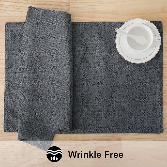 homing Cotton Linen Placemats Set of 6, Cloth Washable Farmhouse Dining Table Mats for Indoors & Outdoors, Easy to Clean, Charcoal, 13 x 19 Inch