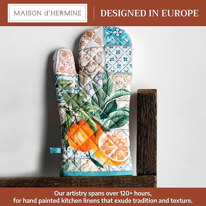 Maison d'Hermine Oven Gloves 100% Cotton Oven Mitt 7" x 13" with Loop Heat Resistant BBQ Cooking Gloves Baking Grilling Gifts for Mothers Day Spring/Summer (Pack of 1, Agrume)