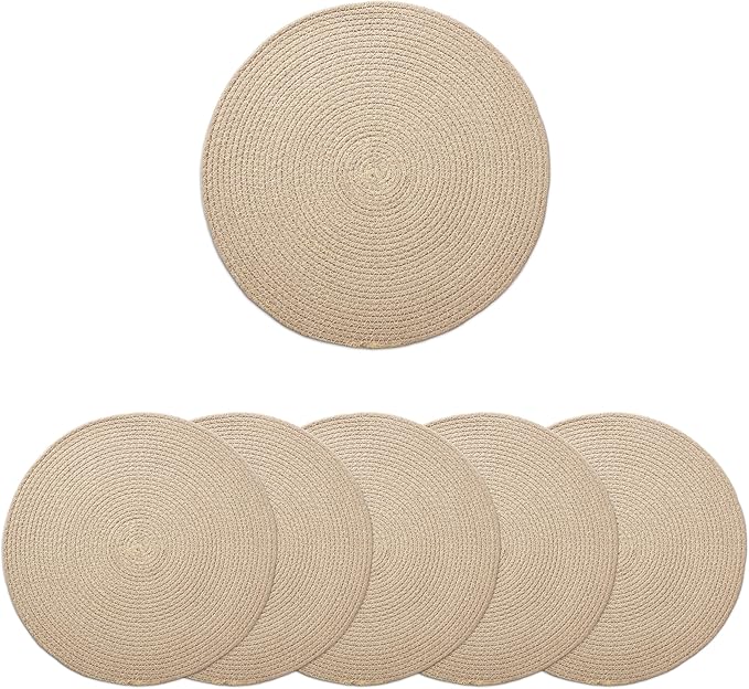 Encasa XO Dining Placemats Set of 6 | Cotton Round Table Mat - 13 in Diameter | Beige | Handmade Rib Style Chargers for Dinner Plates