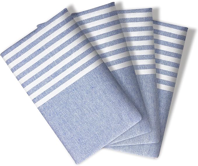 Cloth Napkins 18x18 Inches - Striped Design, 100% Cotton, Reusable & Durable Fabric Napkins for Dining, Everyday Meals, Events, Parties - Machine Washable, Set of 4, Indigo Blue